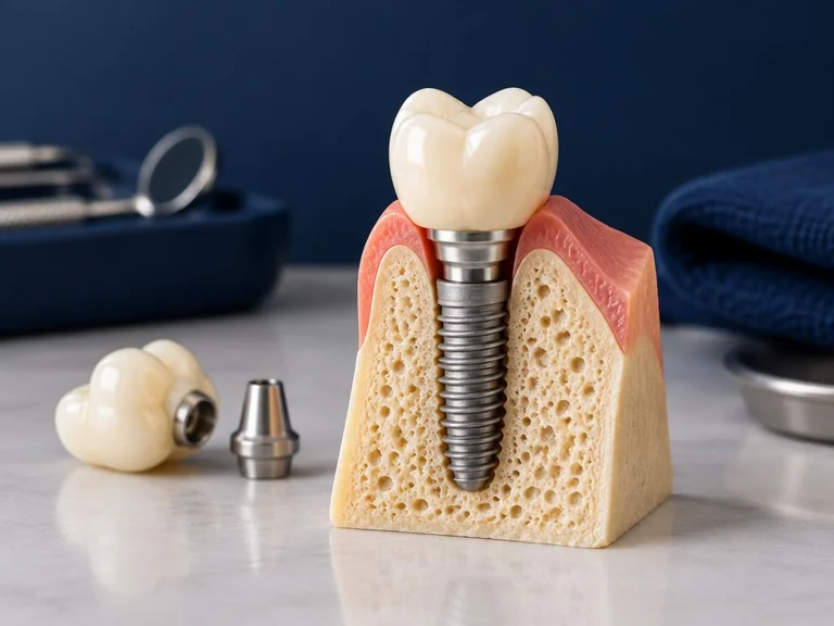 Modelo ilustrativo de implante dentário com coroa